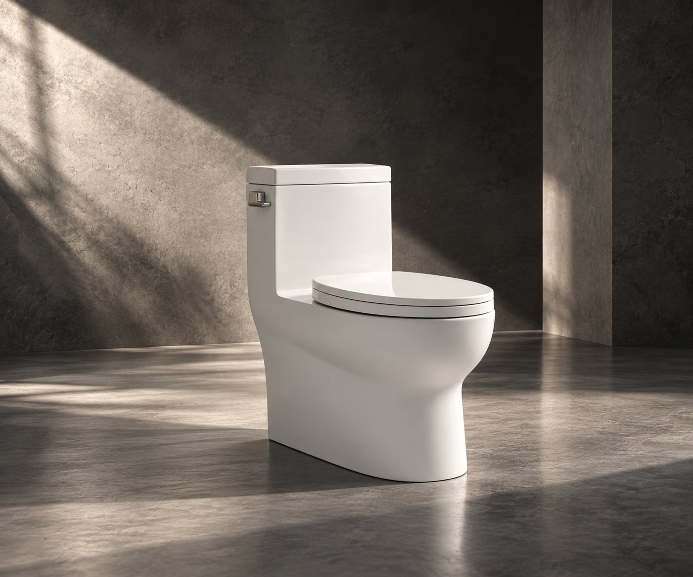 One-piece toilet in a concrete room with sunlight
