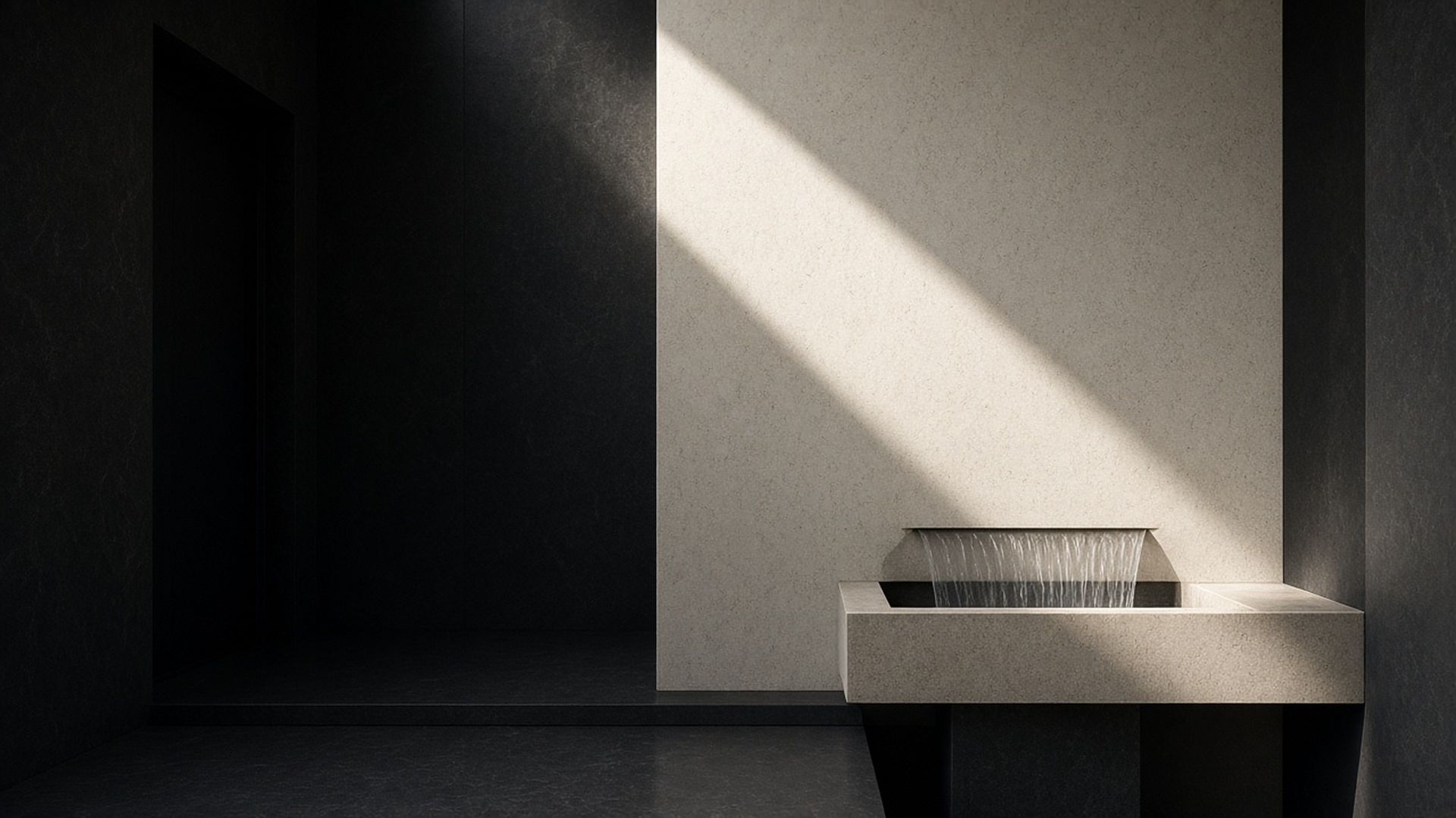 Sculpted stone basin carved from a single block, lit by a shaft of raking light against a dark architectural wall